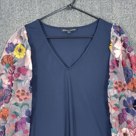 Boston Proper Blouse Womens Medium Blue Mesh Embroidered Floral Long Sleeve Top - Picture 2 of 12